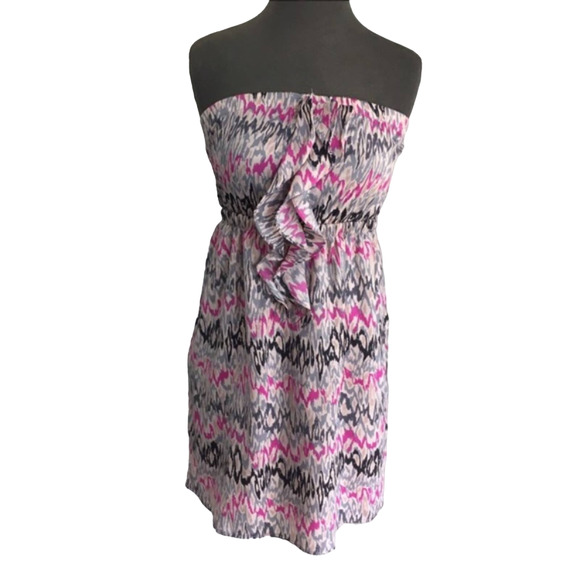 Lush Dresses & Skirts - Lush Pink abstract ikat  zig zag print Strapless Dress Small
